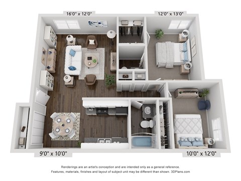 Floor plan for 2 beds, 1.5 baths, 900 sqft